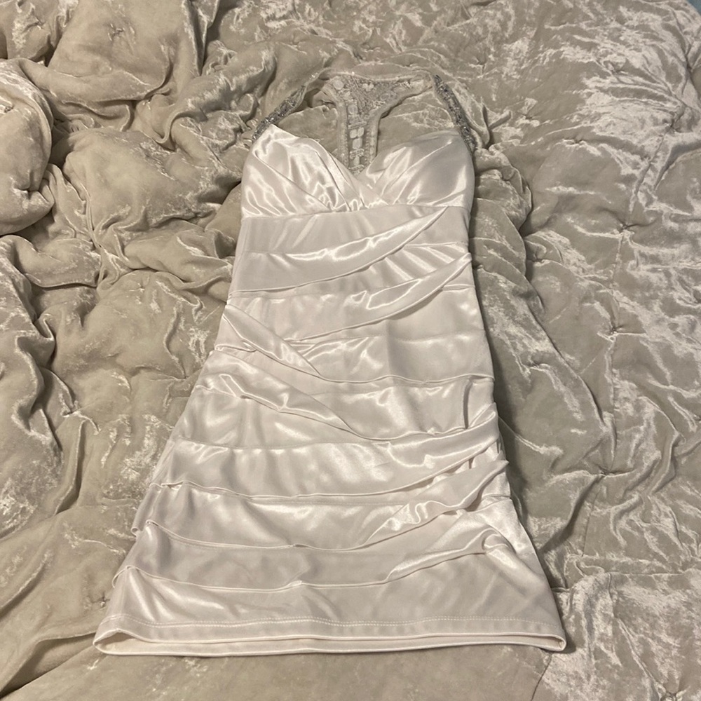White silky bedazzled party dress